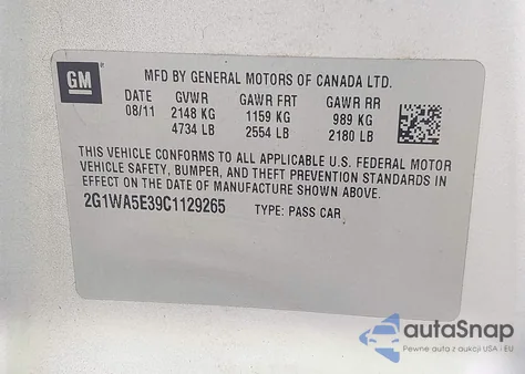 2012 Chevrolet Impala Ls из США, поврежденный, VIN 2G1WA5E39C1129265